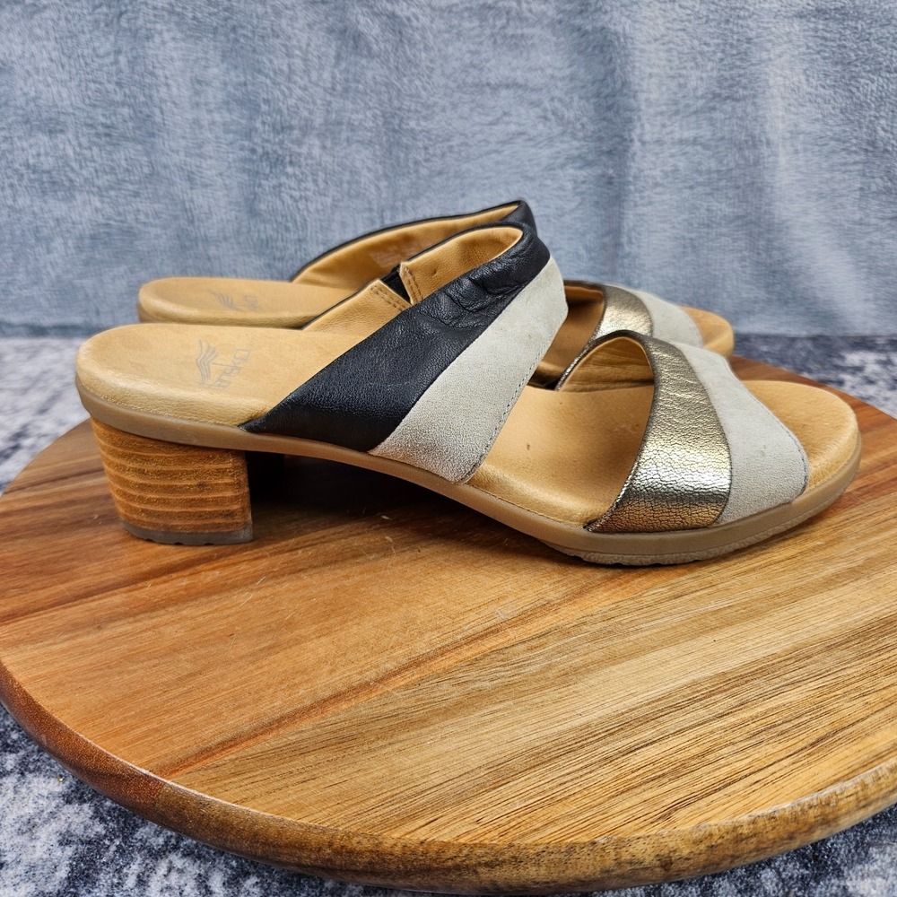 Dansko Theresa Slide Sandals Black Gold Beige Leather Block Heel Size 38 US 7.5
